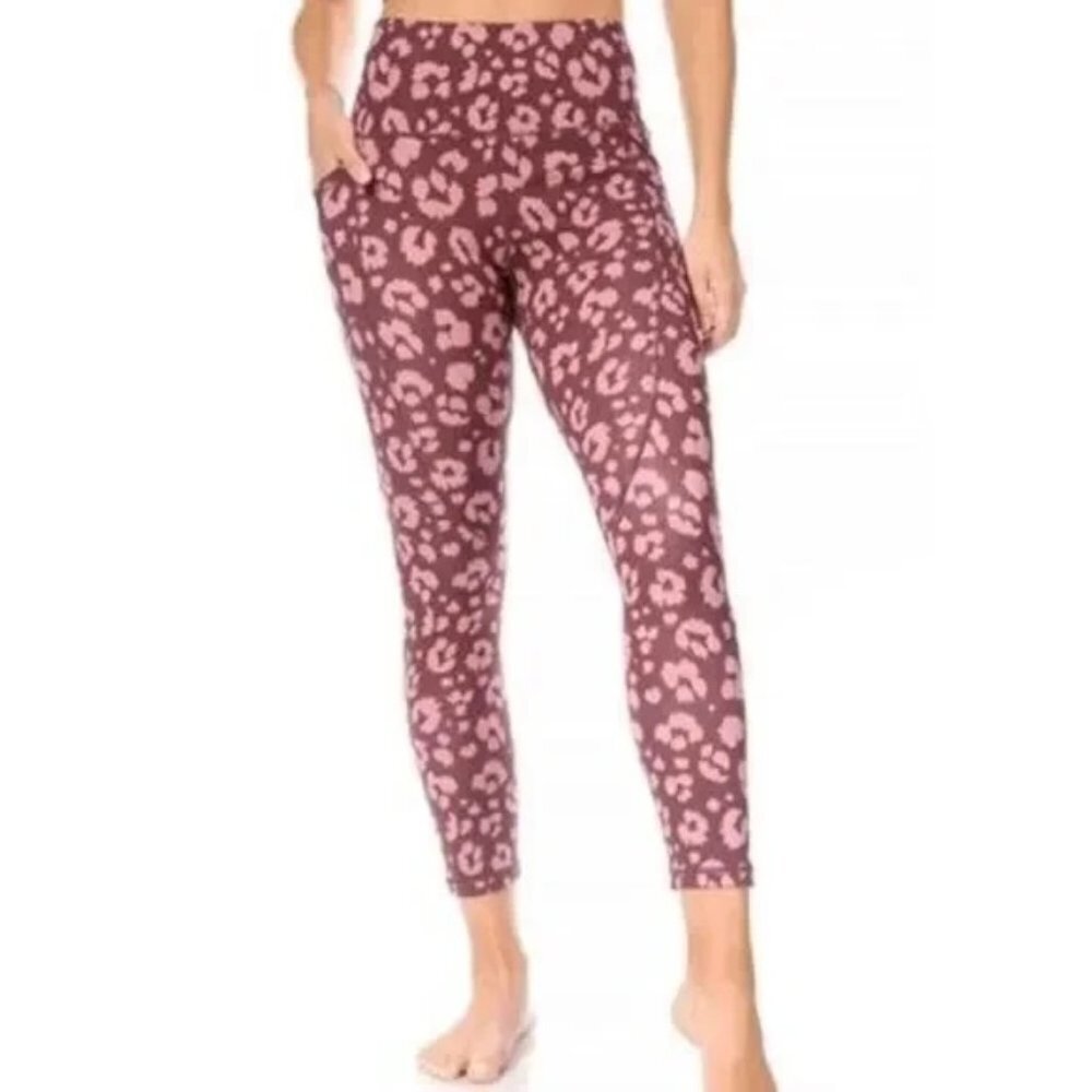 Sage Collective Leggings High Rise Pockets 7/8 Length Leopard Print Pink Small
